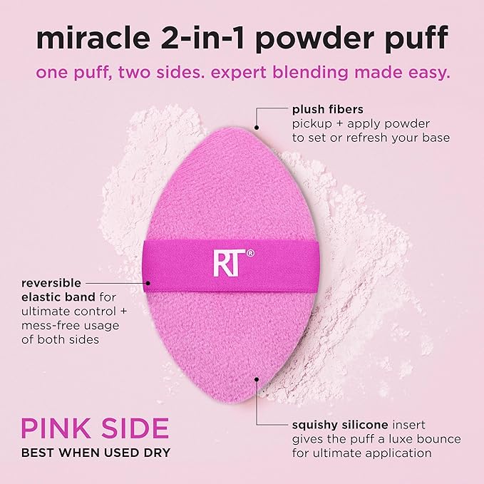Real Techniques Miracle 2-In-1 Powder Puff 4 Pack, Dual-Sided, Full Size Makeup Blending Puff, Reversible Elastic Band, Makeup Sponge & Powder Puff, For Liquid, Cream & Powder Products, Cruelty-Free