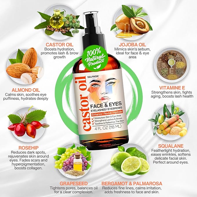 Organic Castor Oil For Face Moisturizer, Eyes, Eyelashes, Eyebrows, Wrinkles with Jojoba, Rosehip, Grapeseed, Squalane, Palmarosa, Bergamot and Vitamin E for Gentle Skin, Men & Women 4oz