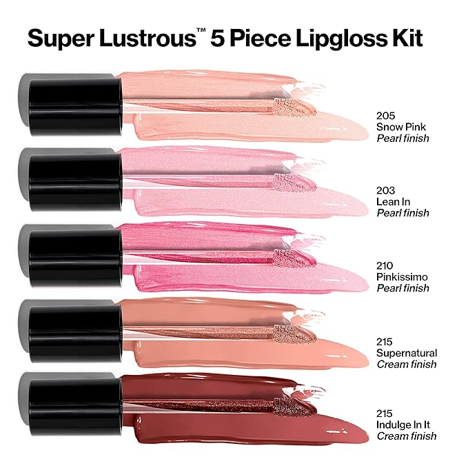 Revlon Super Lustrous The Gloss, 5 Piece Lipgloss Gift Set, Non-sticky High Shine Color in Cream & Pearl Finishes, Pack of 5, 0.75 Fl Oz