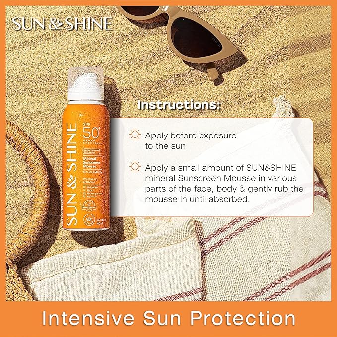 SUN & SHINE MINERAL SUNSCREEN MOUSSE: 100% mineral zinc oxide SPF50 Broad Spectrum UVA UVB, Face Body Protection, Sunburn Spray Zinc Oxide for Sensitive Skin, fragrance free 3.4 Oz